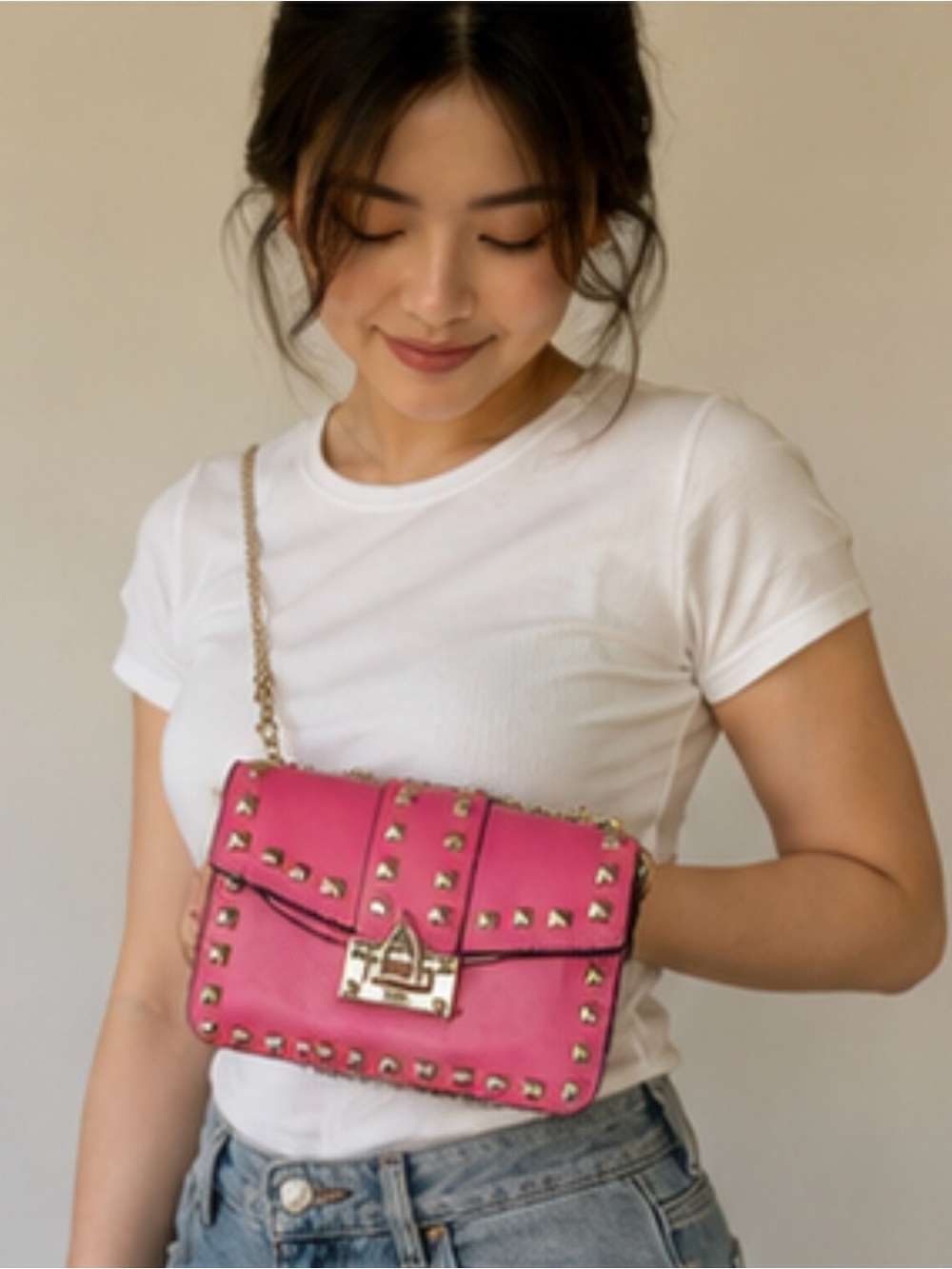 Unbranded Pink Studded Clear Crossbody with Gold Chain